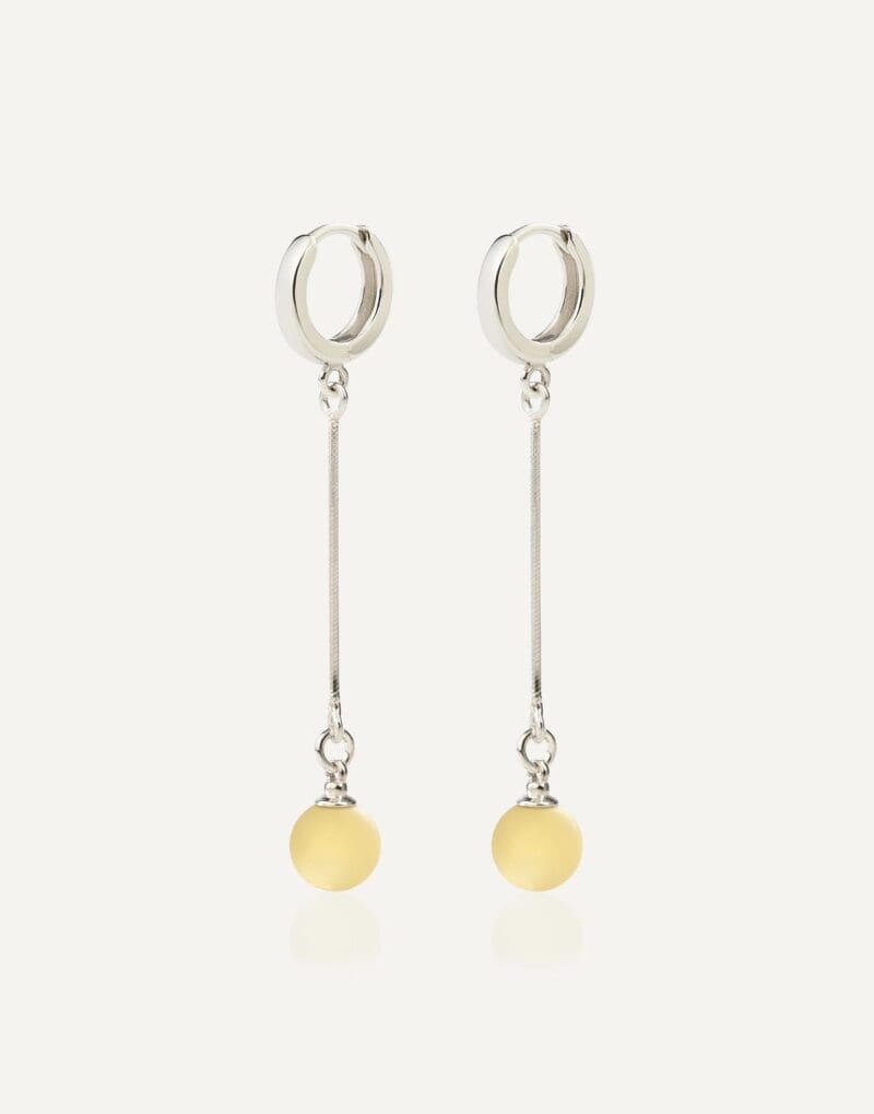 long silver dangle earrings with yellow amber