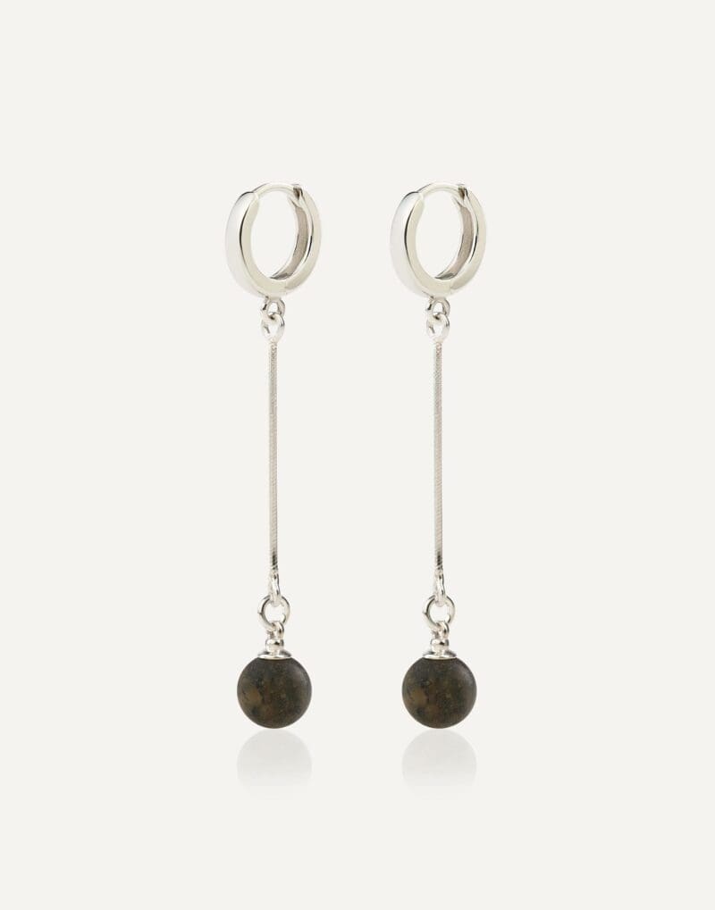 long silver dangle earrings with black amber
