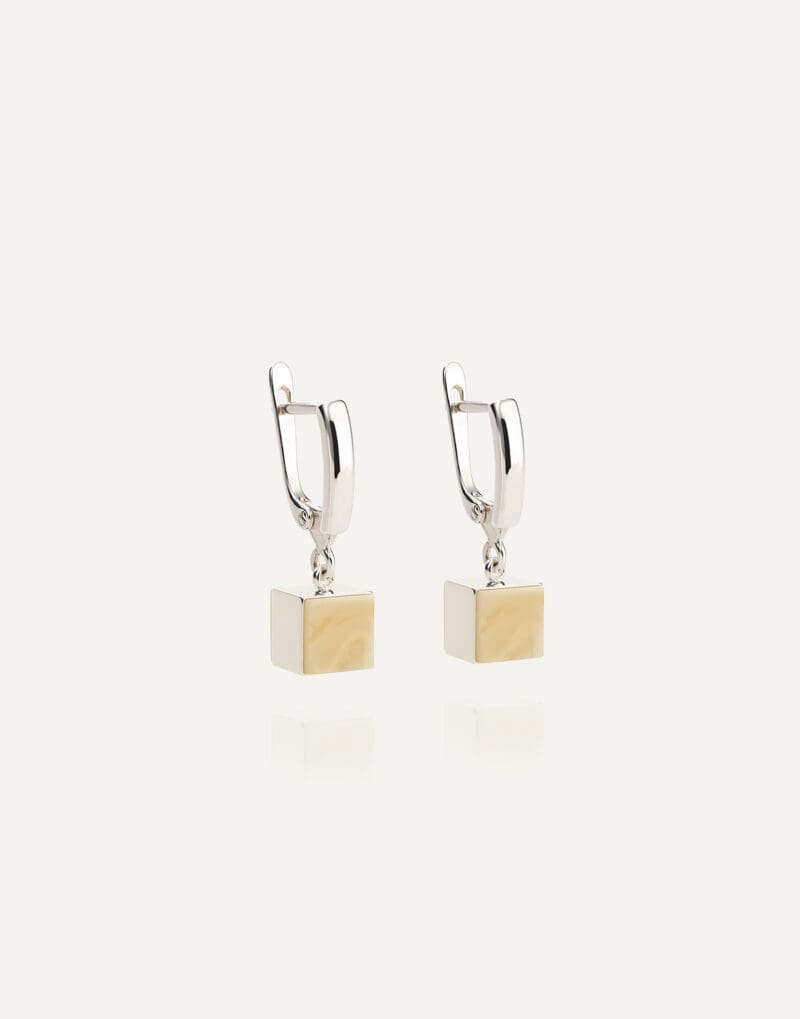 minimalist drop earrings with unique genuine Baltic amber and sterling silver cubico geometric collection