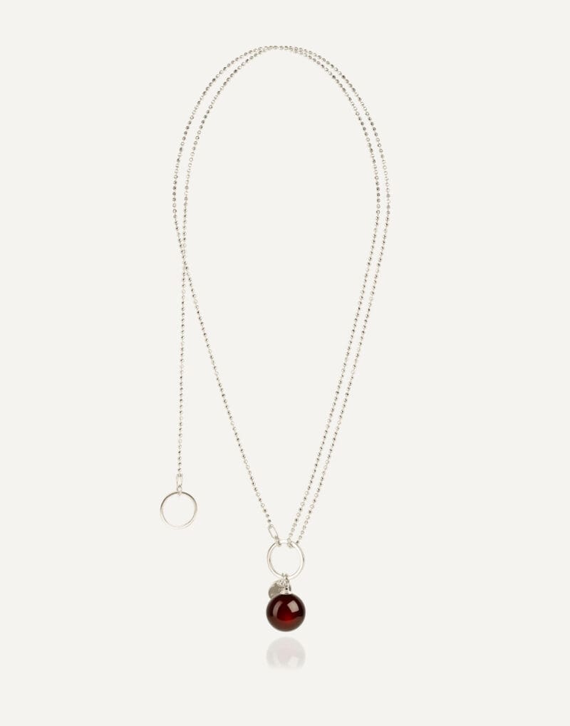 silver adjustable lariat necklace with dark red 14mm amber cherry 2