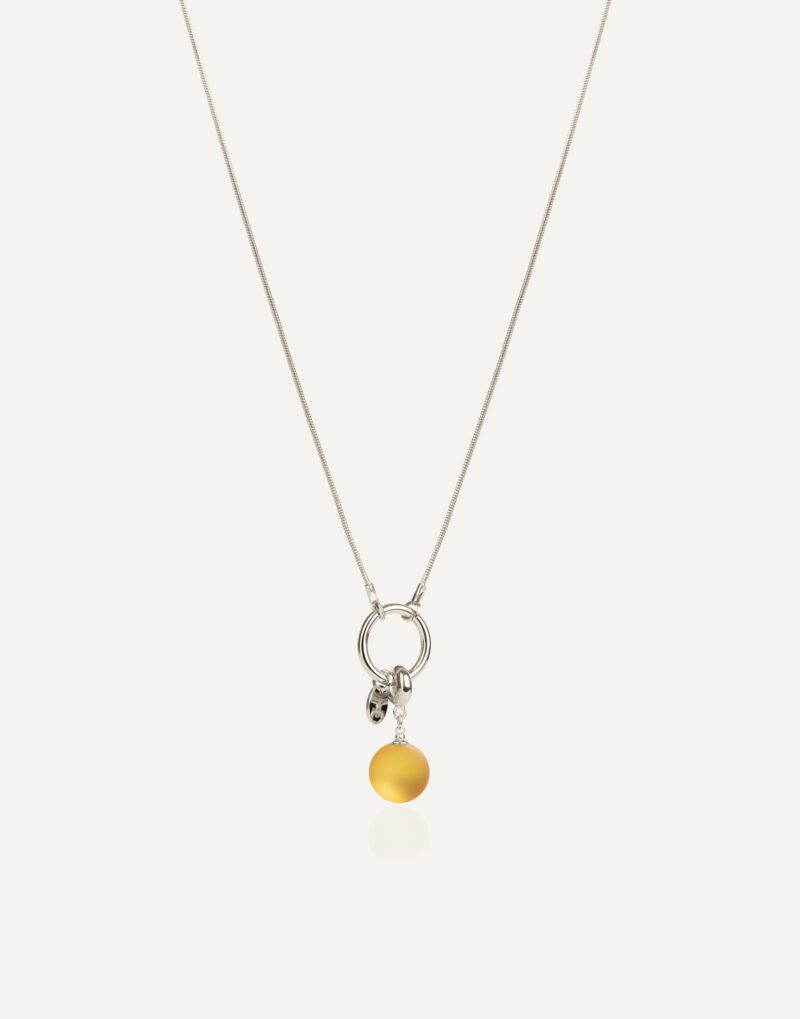 yellow cognac Baltic amber round 14mm pendant lemon on sterling silver long snake chain with ring mondri jewelry