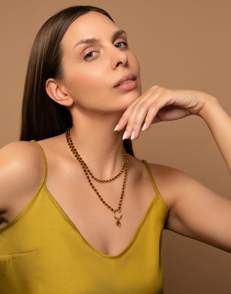 long amber beaded necklace of gold vermeil sterling silver mondri jewelry tiger