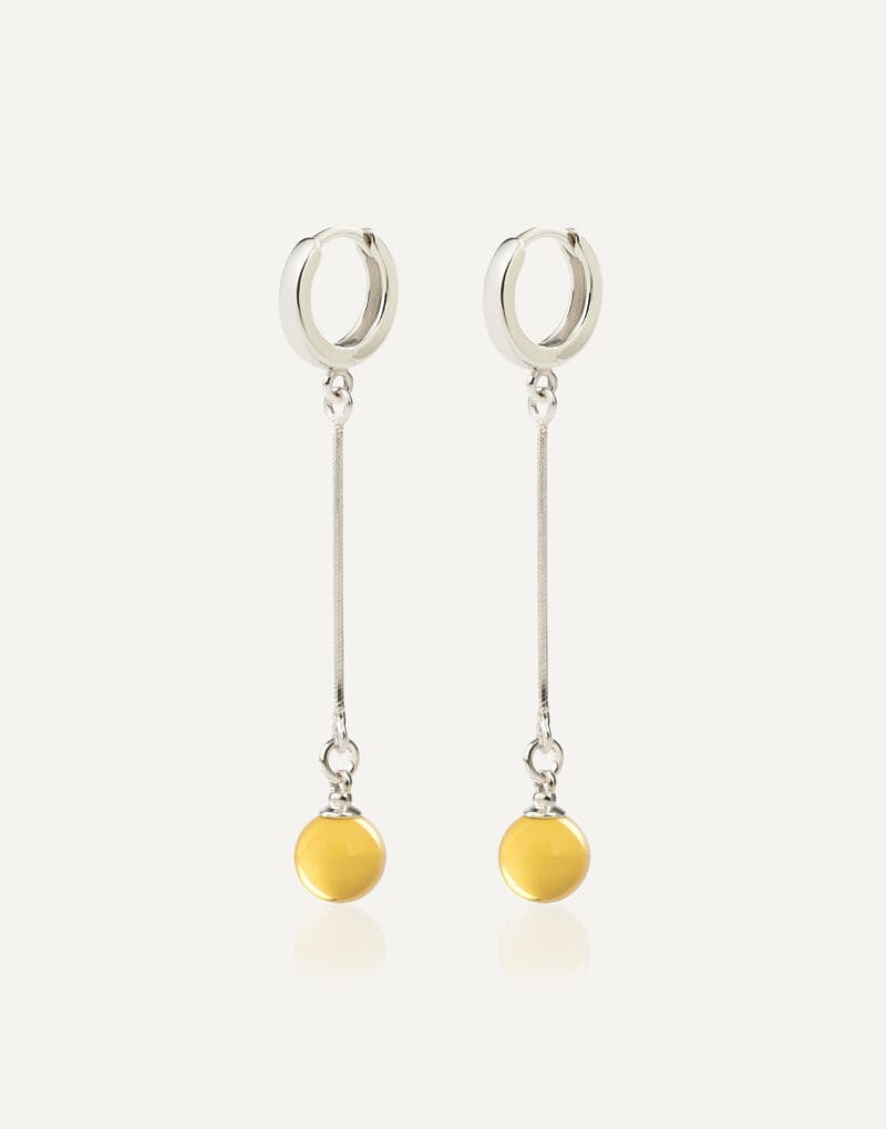 long silver dangle earrings with 8mm honey amber lunar