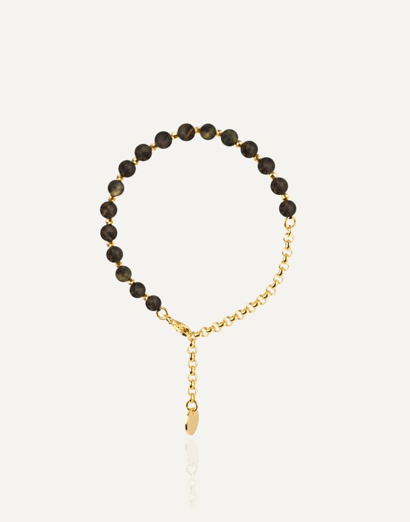 gold plated adjustable beaded bracelet with black amber chain noir