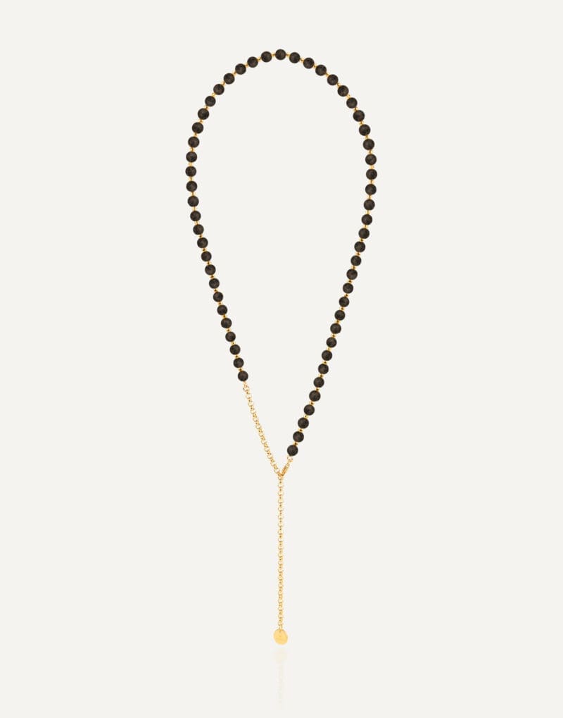 gold vermeil lariat beaded necklace 5mm black amber chain noir 1