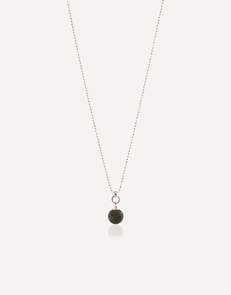 minimalist silver necklace with 8mm black amber ball pendant nero