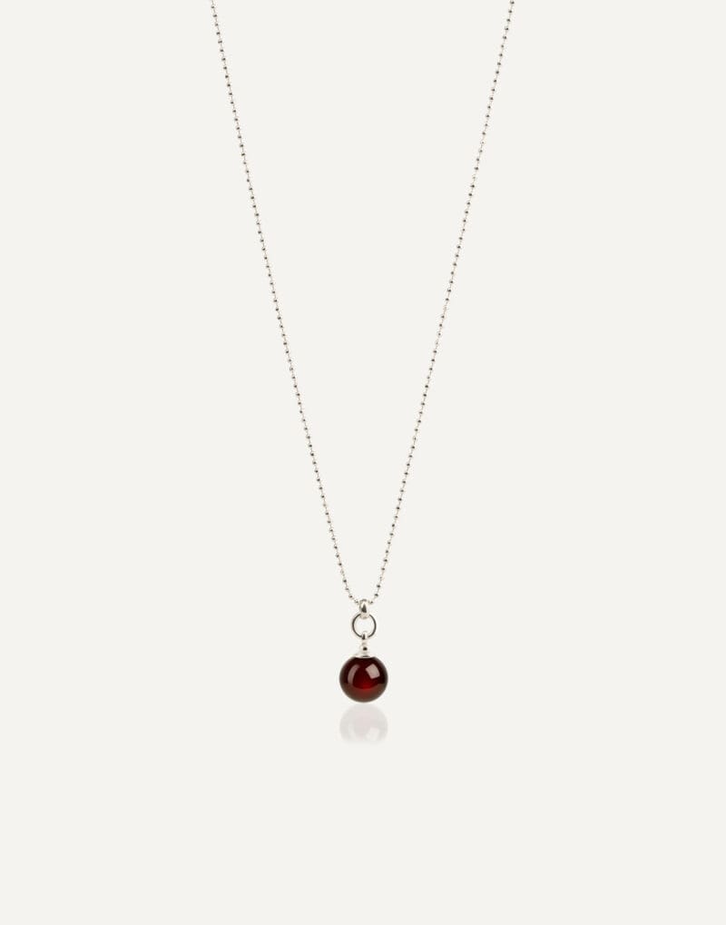 minimalist silver necklace with red amber ball pendant cherry