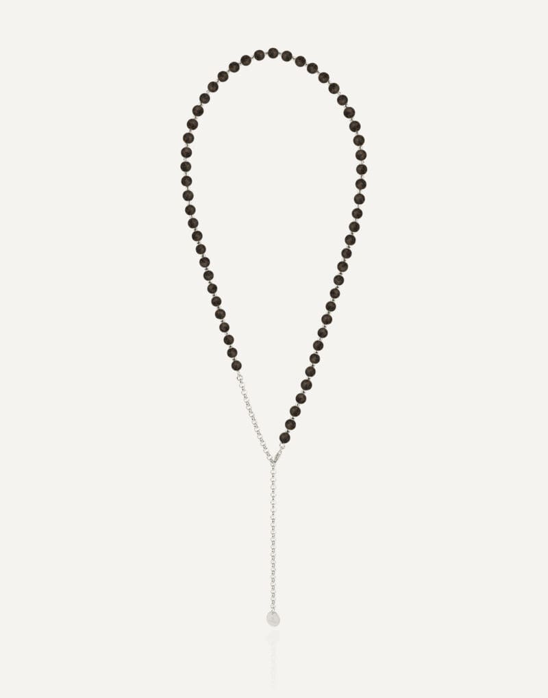 silver lariat beaded necklace 5mm black amber chain noir