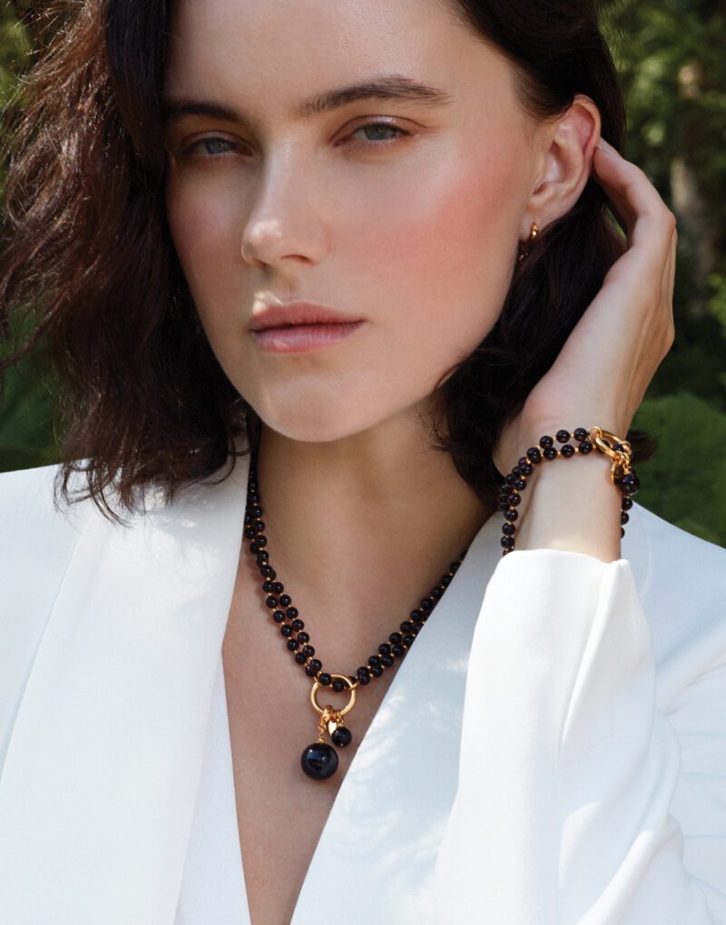double necklace and bracelet with 5mm red Baltic amber and 24k gold vermeil sterling silver set pendant earrings golden cherry on model