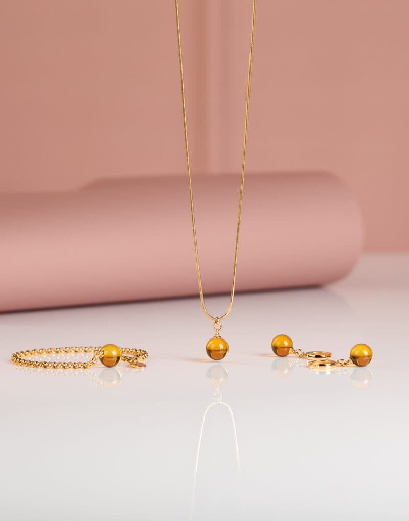 drop earrings chain necklace bracelet with cognac amber in gold vermeil sterling silver jewelry set golden lunar