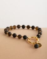 beaded bracelet with 7mm natural black amber in gold vermeil sterling silver golden nero