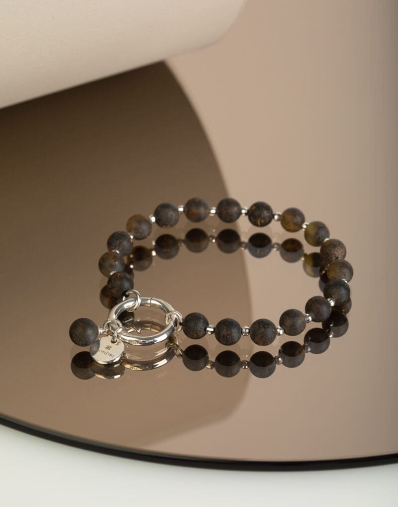 beaded bracelet with natural black amber in sterling silver nero by mondri jewelry 1