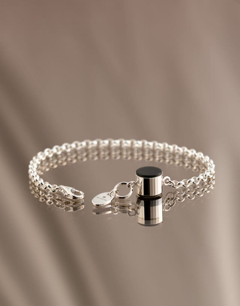 modern black amber bracelet silver chain calice style