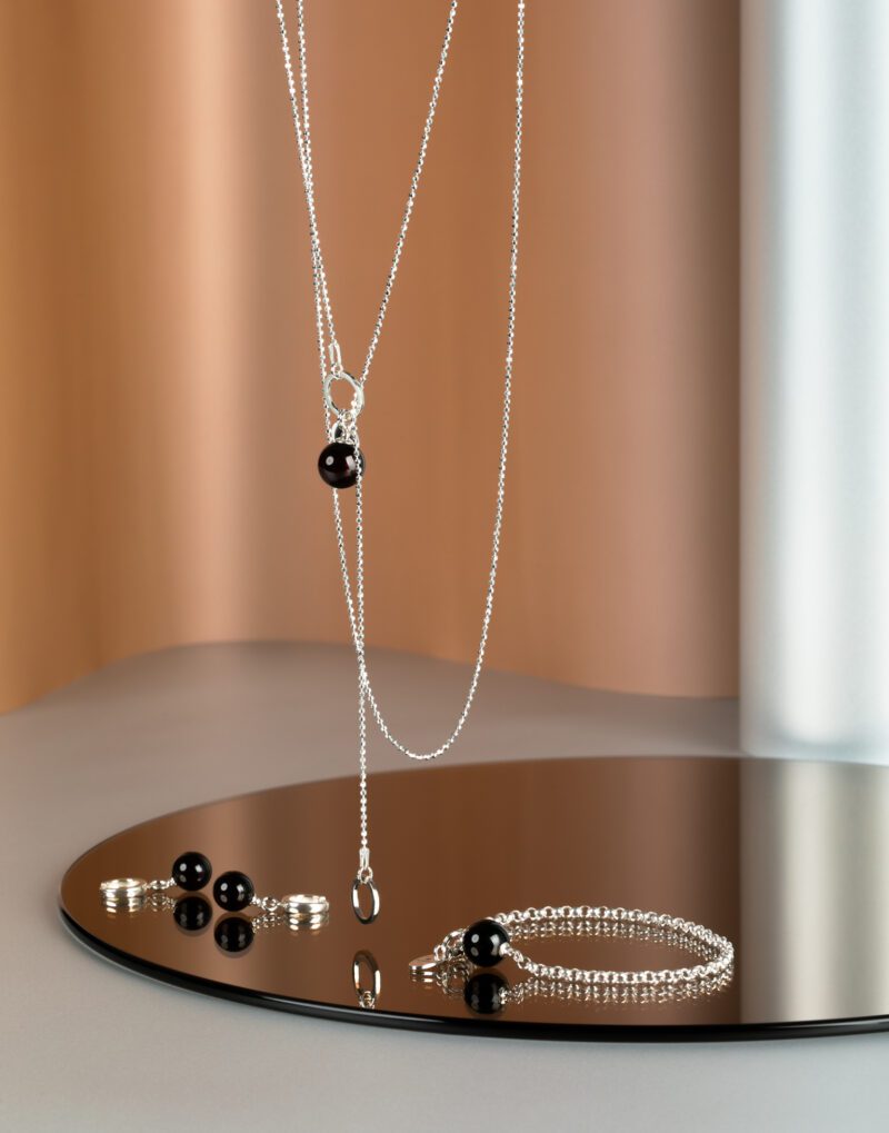 lariat necklace with 12mm red amber pendant set drop earrings and bracelet in sterling silver chain golden cherry Mondri jewelry