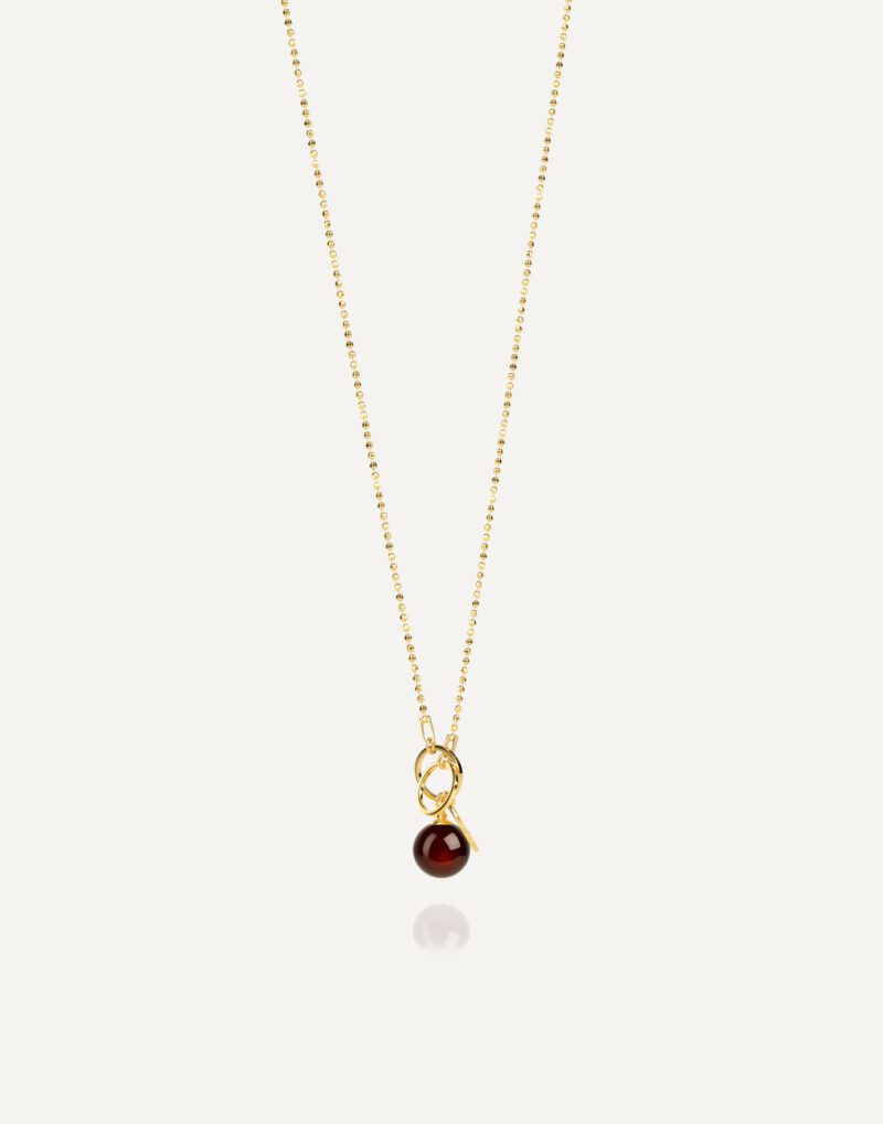 lariat necklace with 12mm red amber pendant in 24k gold vermeil sterling silver chain golden cherry mondri