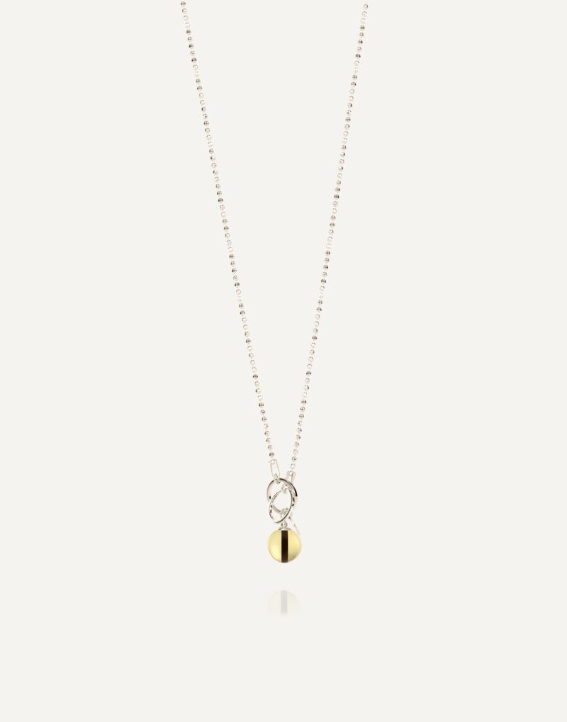 lariat necklace with yellow amber pendant in sterling silver bead chain tiger adjustable Mondri jewelry